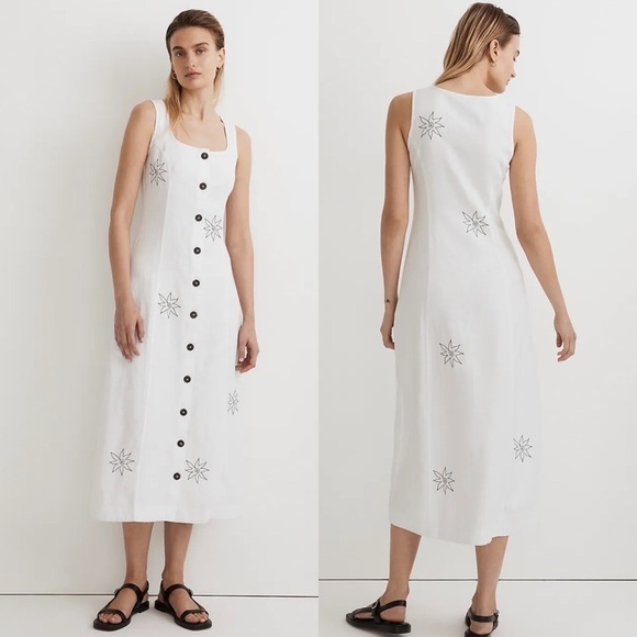 Madewell Linen Button Midi Embroidered Dress in Size 2 White Boho Square Neck - Picture 1 of 12